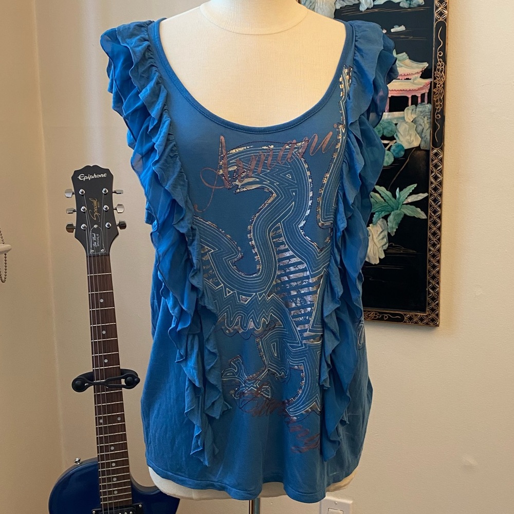 A/X Armani Exchange Blue Ruffle Trim Tank Top